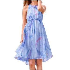 Sundance 100% Silk Flowy Mini Dress Large Blue Ruffle Boho Fairy Ethereal Y2K